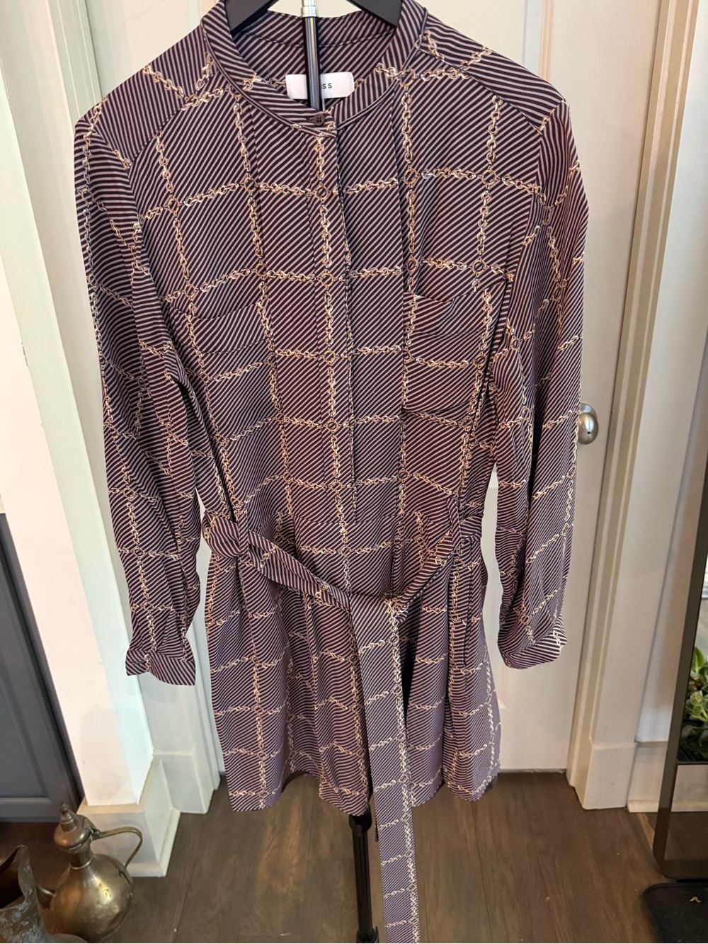 Reiss Purple Printed Long Sleeve Belted Dress